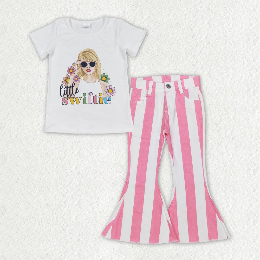 GSPO1599 Head confetti print white short sleeve Pink and white striped jeans