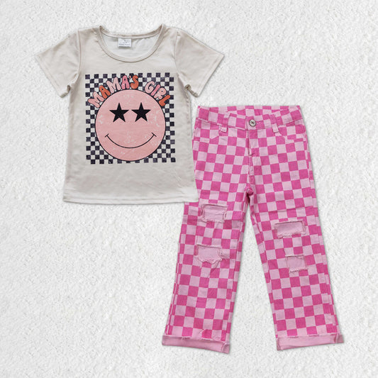 GSPO1606 mamas girl Smiley Stars Short sleeve top Pink plaid ripped jeans high quality