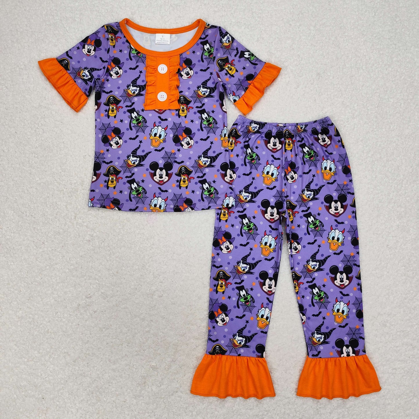 GSPO1608 Halloween Mickey Donald Duck Purple Orange lace short sleeve pants pajama set