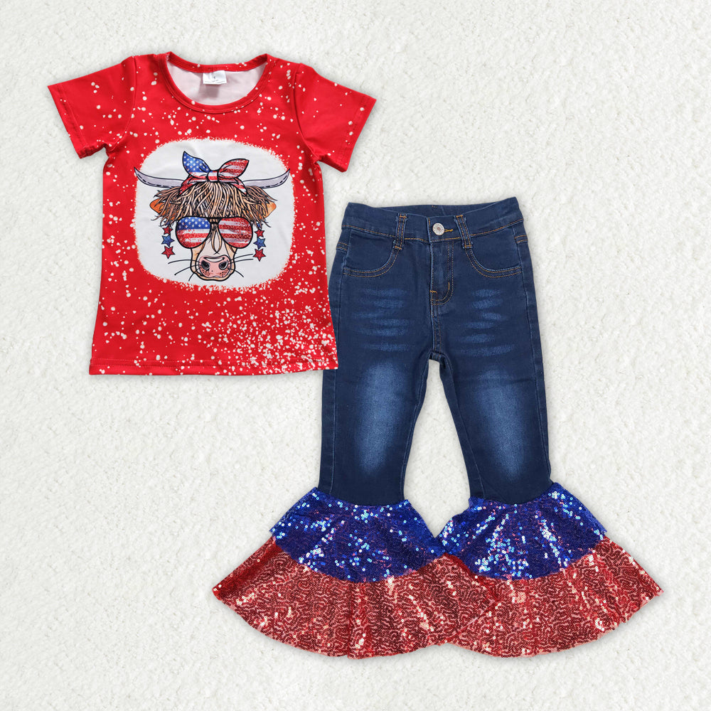 GSPO1621 National Day sunglasses Red short sleeve red blue sequins dark blue denim pants suit girls kids clothing sets