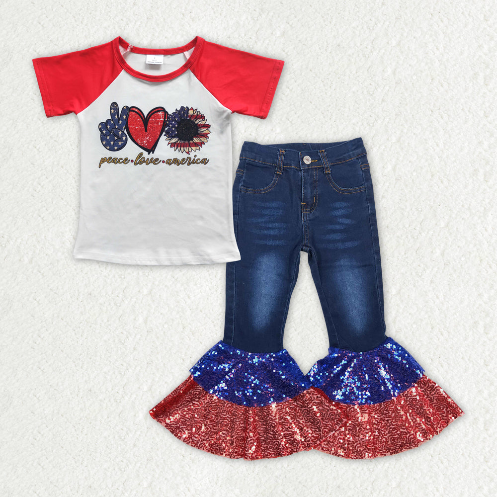 GSPO1622 National Day peace love Love short sleeve red blue sequins dark blue denim pantsuit kids girl clothings set