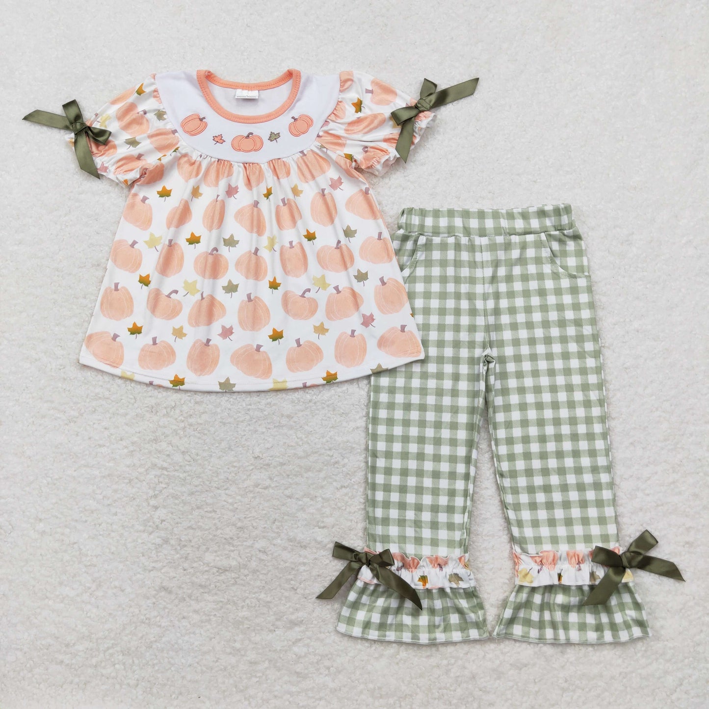 GSPO1640 RTS Embroidered pumpkin leaf short sleeve green plaid pantsuit