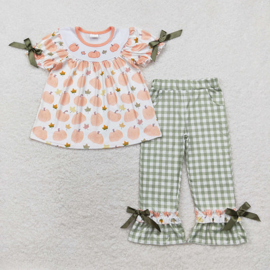GSPO1640 RTS Embroidered pumpkin leaf short sleeve green plaid pantsuit