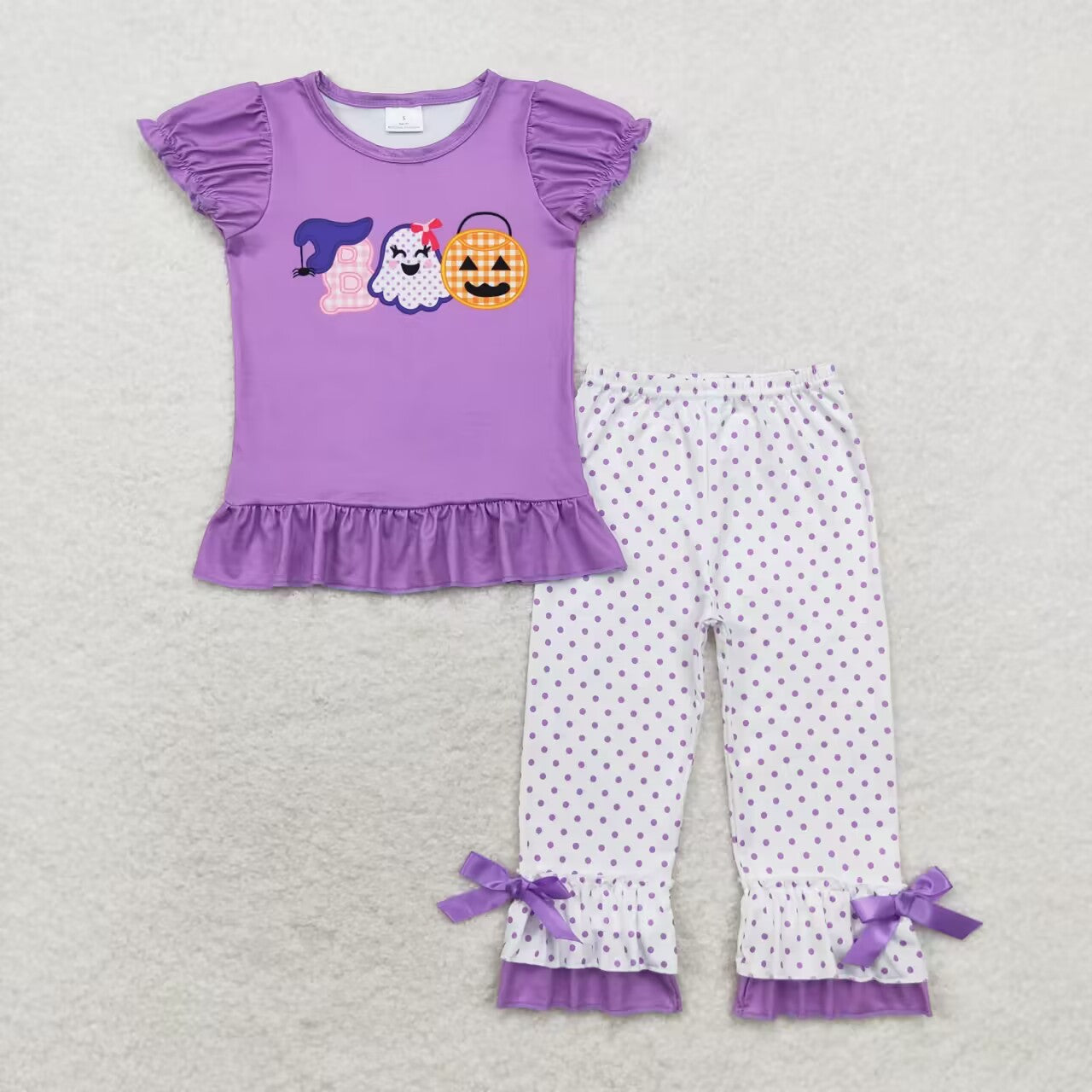 GSPO1647 boo Ghost Pumpkin purple short sleeve polka dot plaid pantsuit