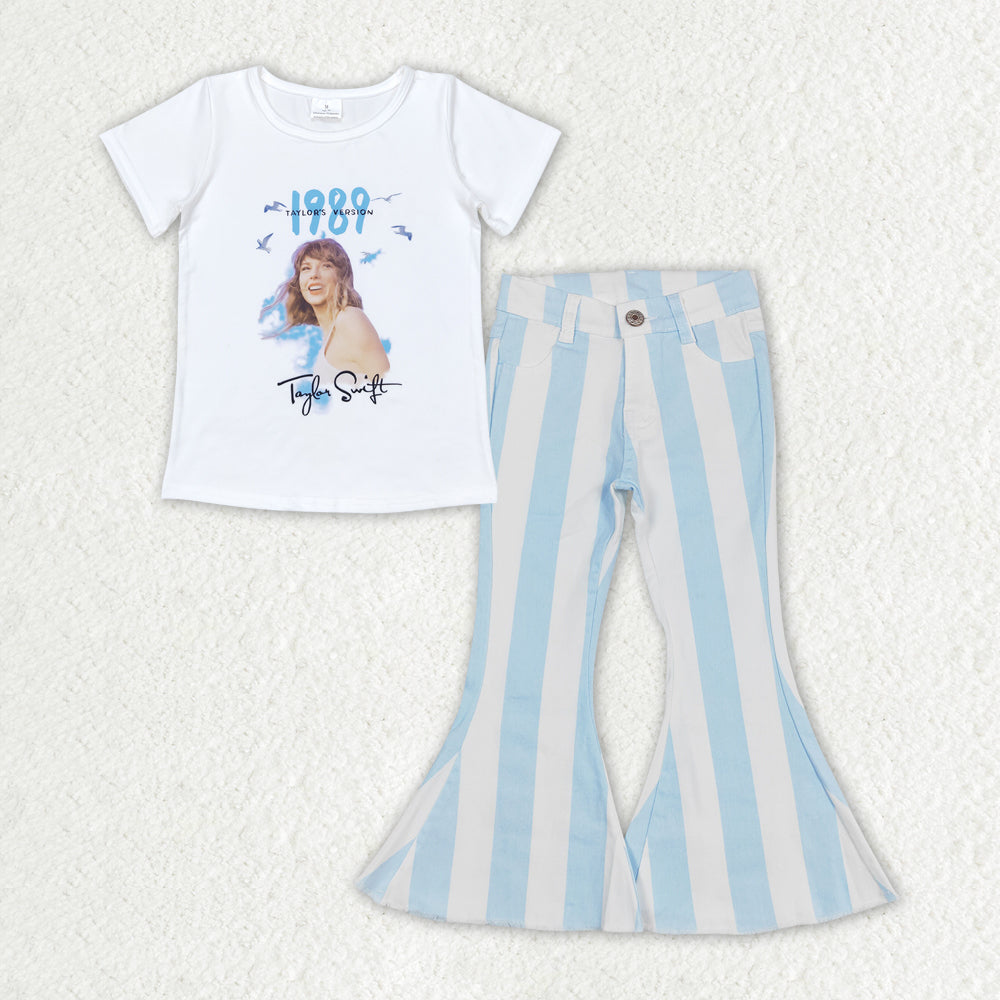 GSPO1655 1989 taylor swift white short-sleeved blue and white striped denim pantsuit