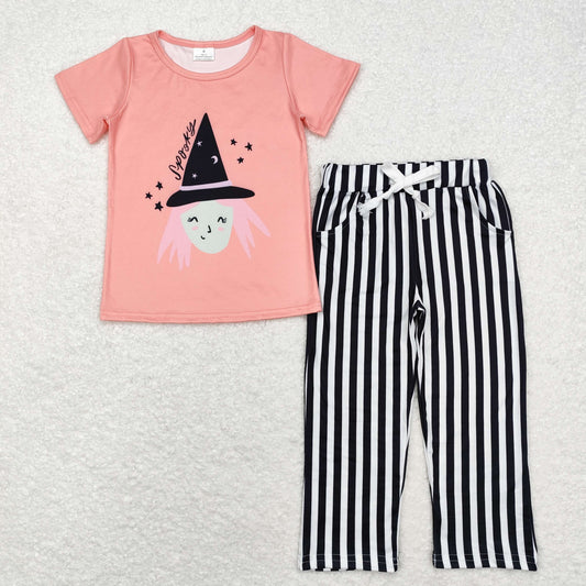 GSPO1673 spooky Witch pink orange short sleeve black and white striped pantsuit