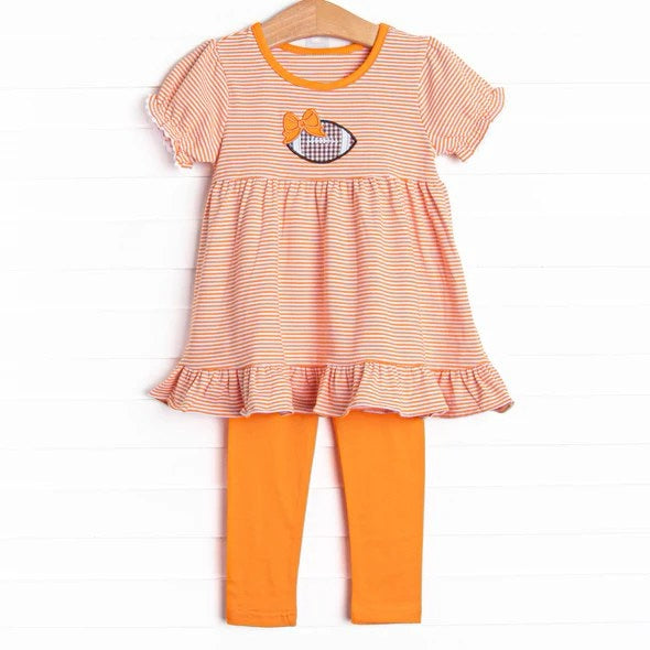 Preorder GSPO1674 NO MOQ short sleeve pantsuit with orange bow and football stripes