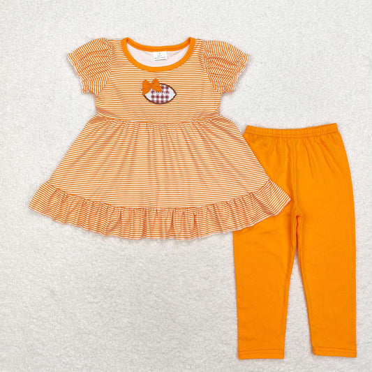 GSPO1674 Embroidered orange bow football stripe short-sleeved pantsuit