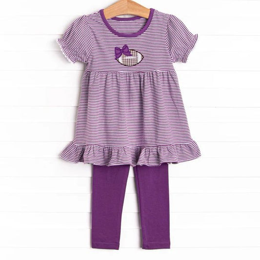 Preorder GSPO1676 NO MOQ short sleeve pantsuit with purple bow and football stripes