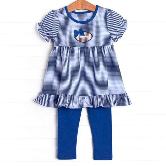 Preorder GSPO1677 NO MOQ short sleeve pantsuit with blue bow and football stripes