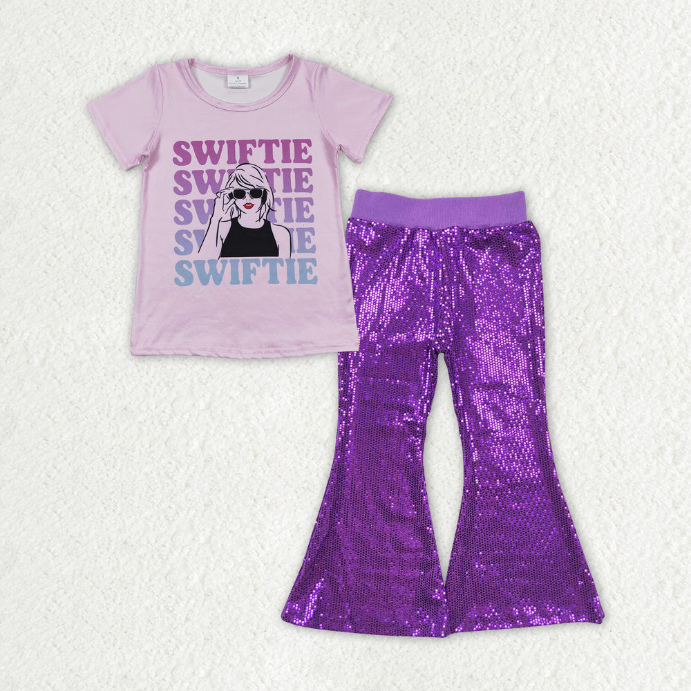 GSPO1707 swiftie letter pink short sleeve mesh purple sequin pantsuit