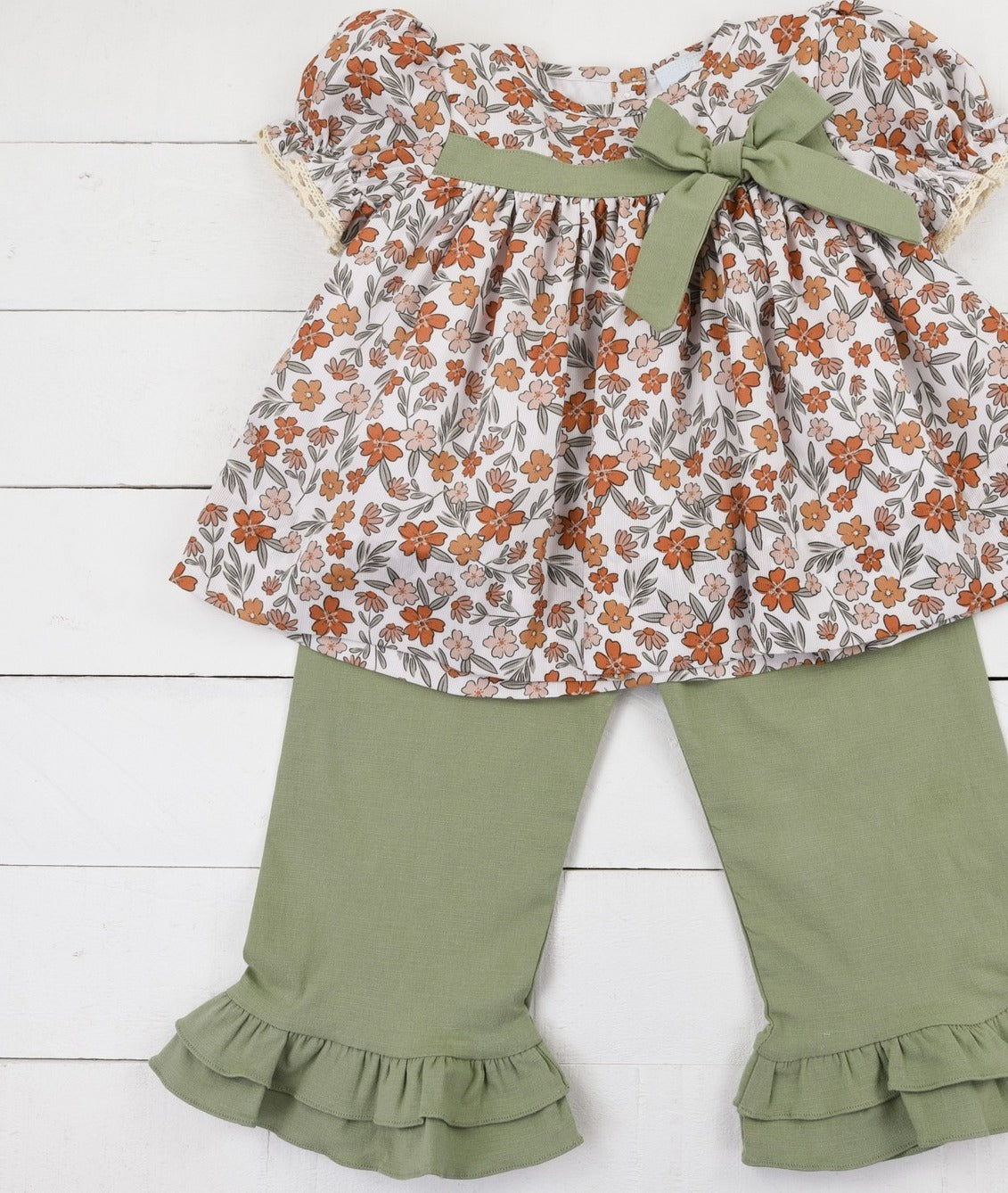 Preorder GSPO1722 Orange flower leaves green bow short sleeve pant suit