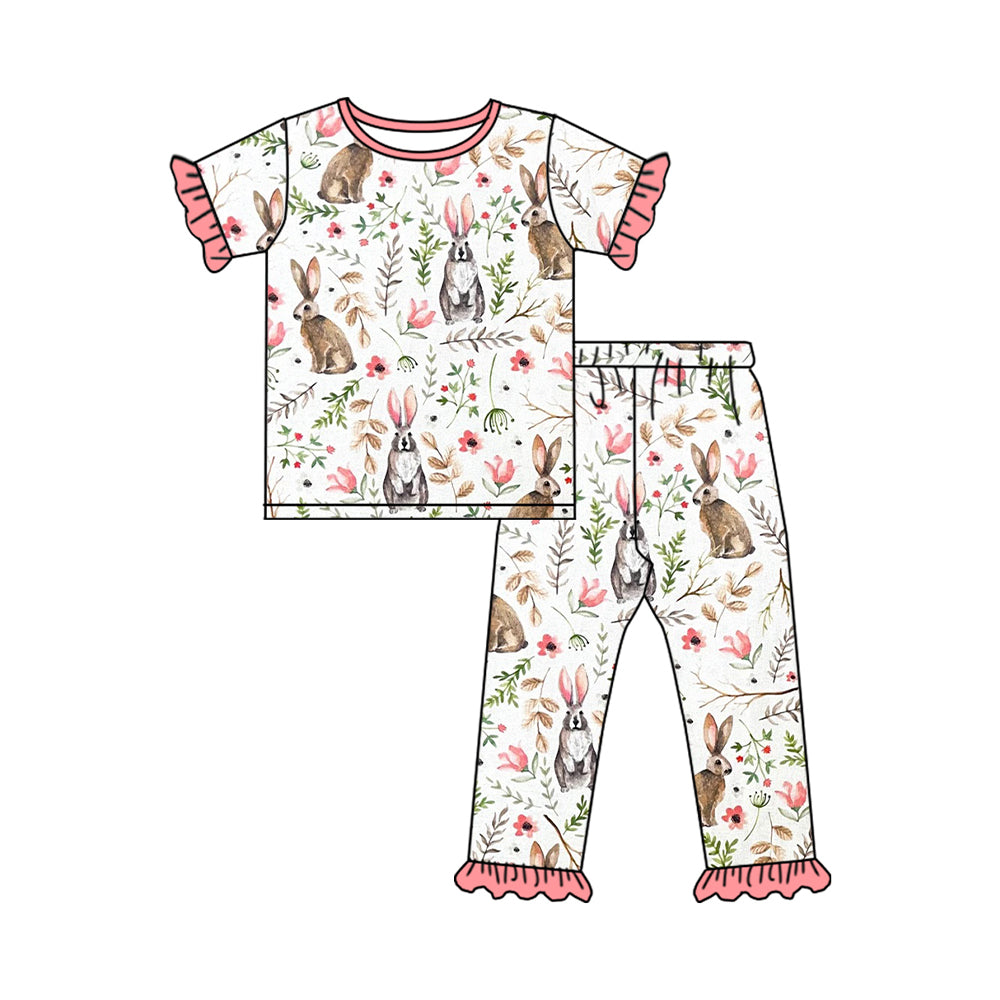 Preorder GSPO1727 Easter Bunny Floral Pink lace white short-sleeved pant pajama set