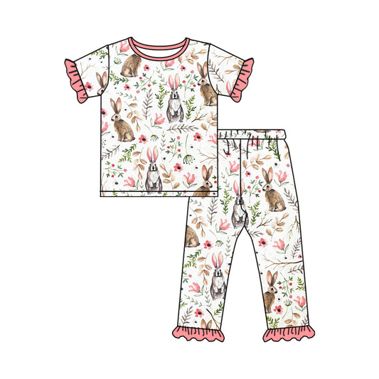 Preorder GSPO1727 Easter Bunny Floral Pink lace white short-sleeved pant pajama set