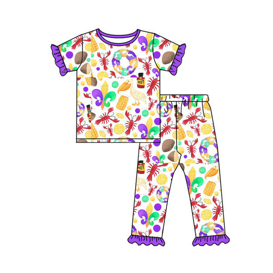 Preorder GSPO1731 Mardi Gras Lobster Purple lace white short-sleeved pant pajama set