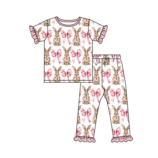 Preorder GSPO1732 Bunny bow pattern Pink lace white short-sleeved pant pajama set