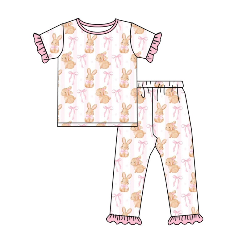 Preorder GSPO1733 Bunny bow pattern lace pink striped short-sleeved pant pajama set