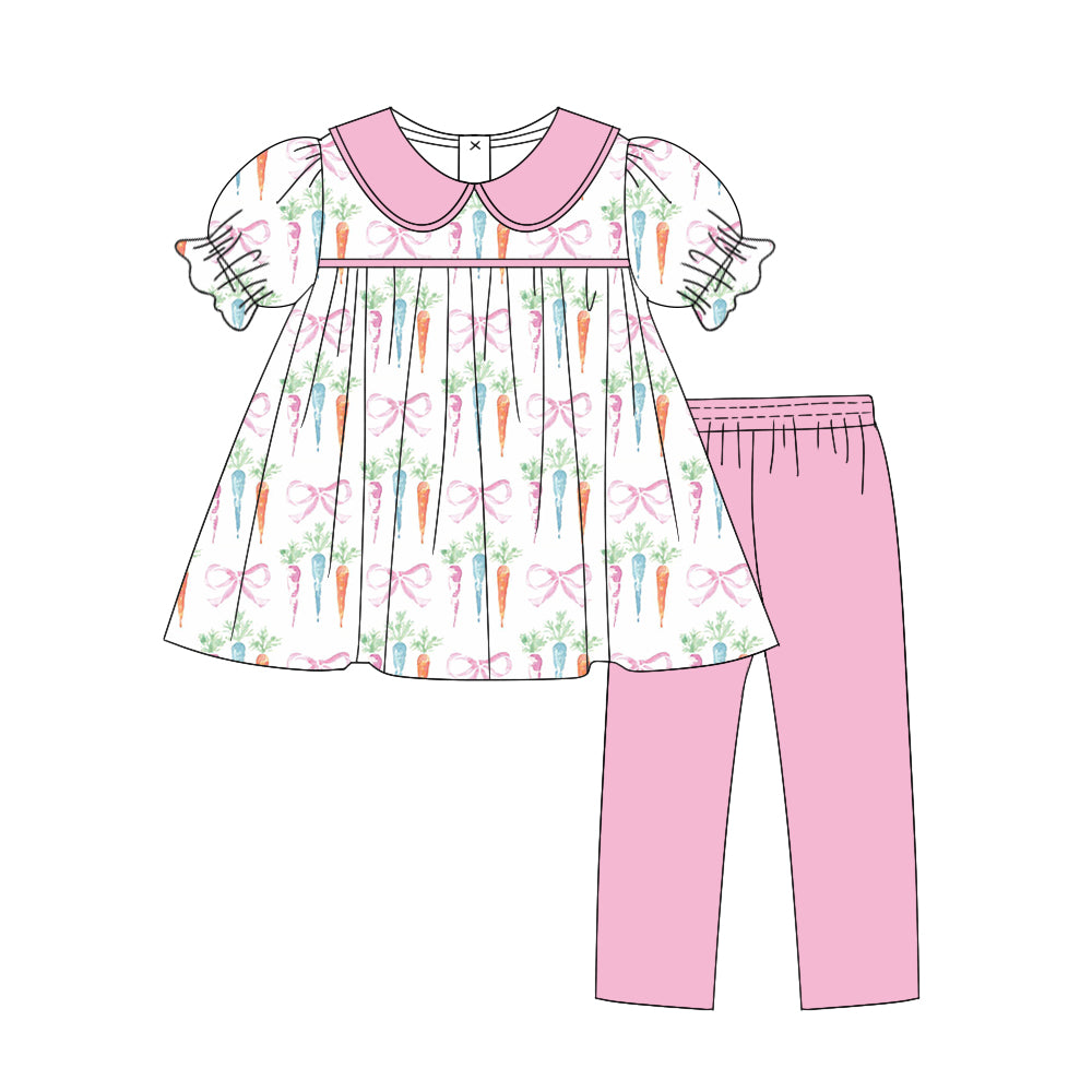 Preorder GSPO1735 Easter carrot bow print pink doll collar white short sleeve pant suit