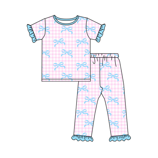 Preorder GSPO1736 Bow pattern Blue Lace pink plaid short-sleeved trousers pajamas set high quality