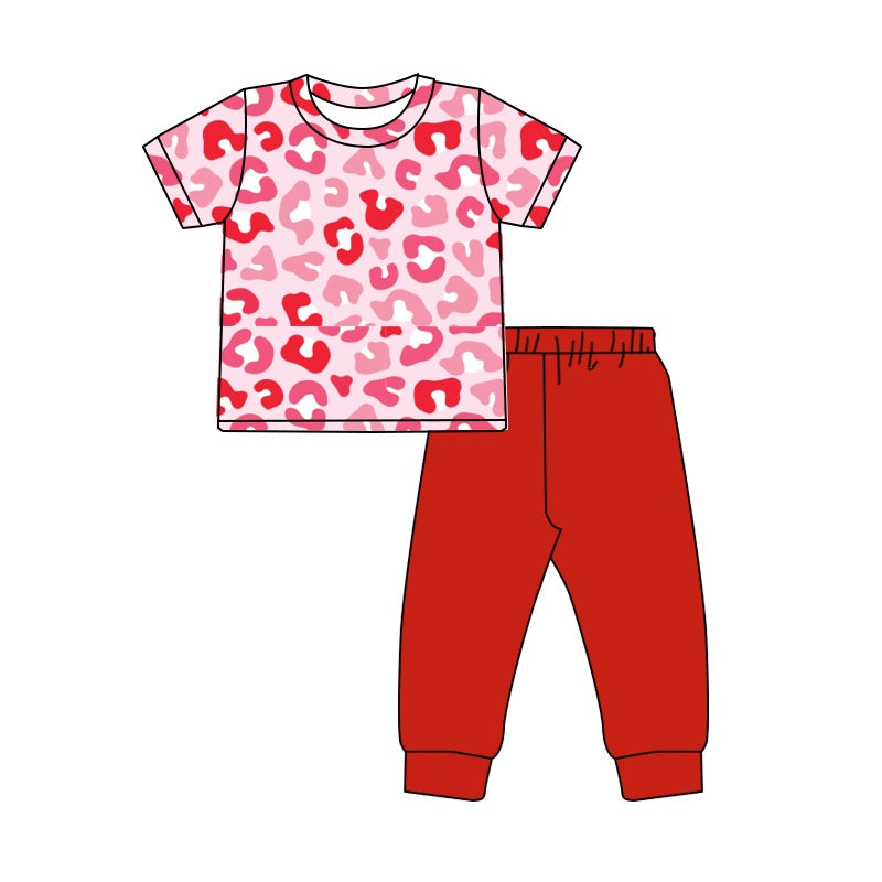 Preorder GSPO1745 Pink leopard print short sleeve red pantsuit