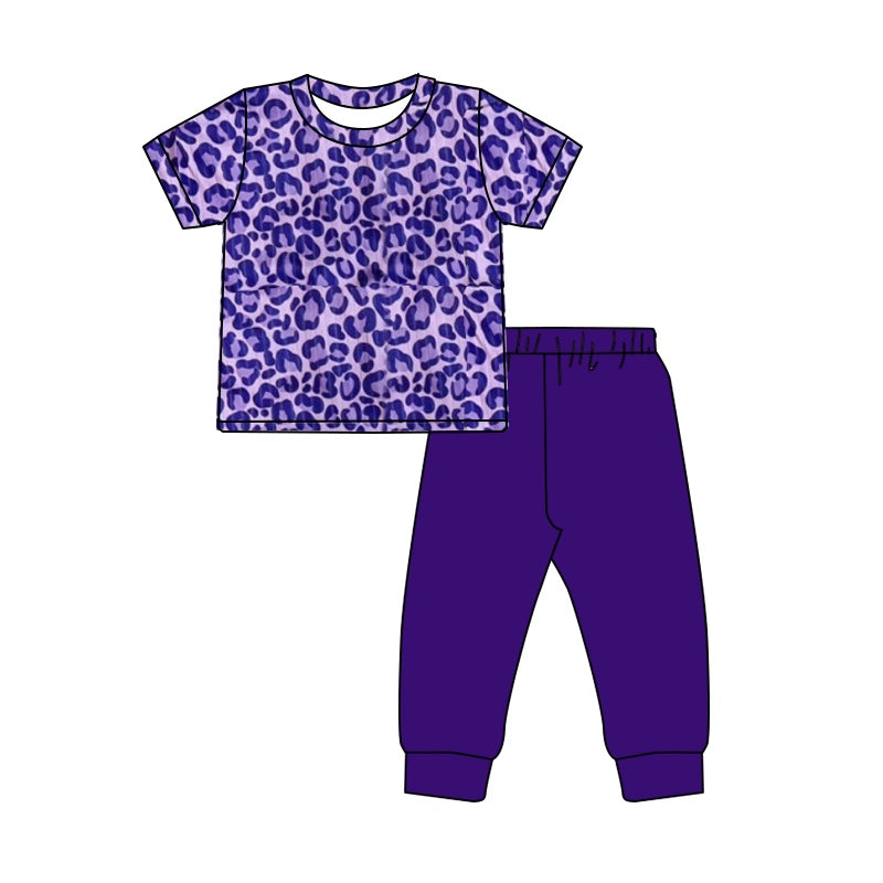 Preorder GSPO1746 Purple leopard print short sleeve pant suit