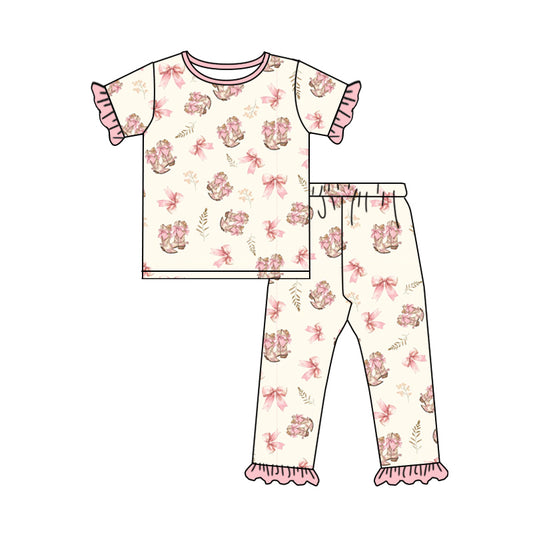 Preorder GSPO1748 Bow boots Pink lace short-sleeved pant pajama set