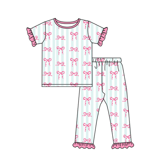 Preorder GSPO1749 Bow-patterned pink lace striped short-sleeved pant pajamas set