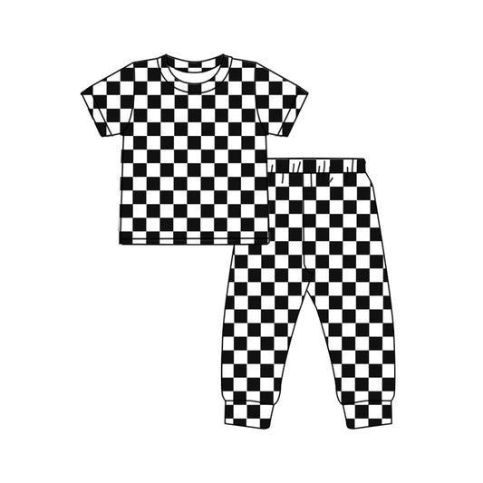 Preorder GSPO1753 Black and white plaid short-sleeved trousers pajamas set