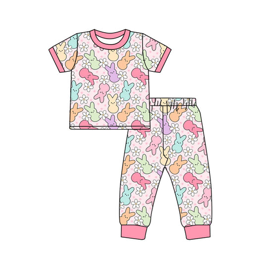 Preorder GSPO1761 Easter Bunny Flower pink short sleeve pants pajamas set