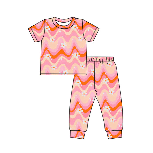 Preorder GSPO1762 Floral pink-orange striped short-sleeved pant pajama set