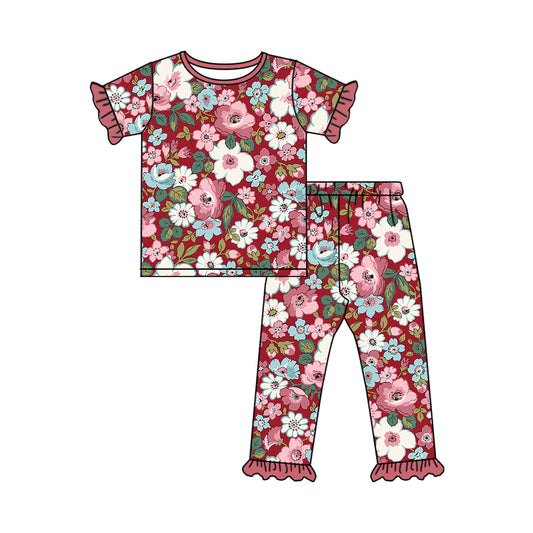 Preorder GSPO1763 Flower leaves red lace short sleeve trousers pajamas set