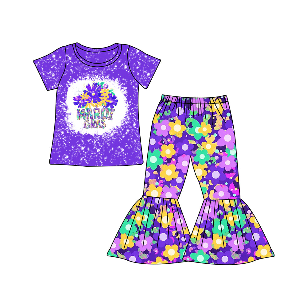 Preorder GSPO1765 Mardi gras Letter Flower Carnival purple short sleeve pant suit