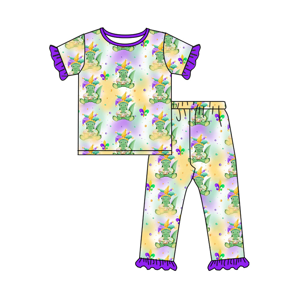 Preorder GSPO1766 Mardi Gras Crocodile purple lace short-sleeved pant pajama set