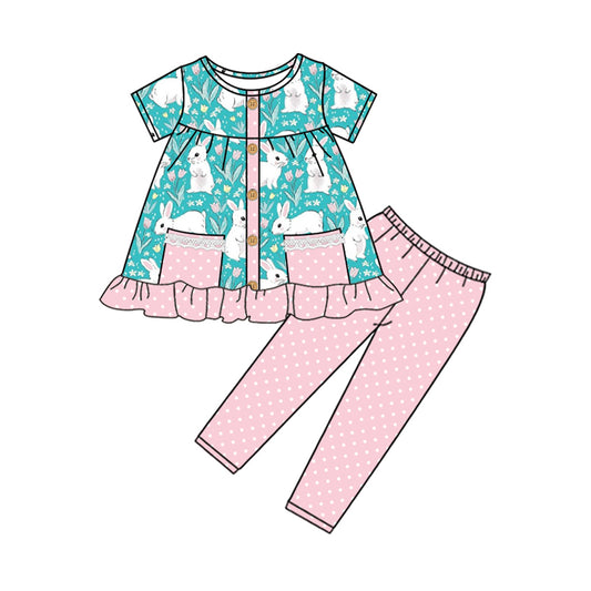 Preorder GSPO1768 Easter Bunny flower polka dot pink lace button-up short sleeve pantsuit