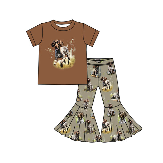 Preorder GSPO1774 Spotted puppy brown short sleeve grayish-green bell bottoms pantsuit