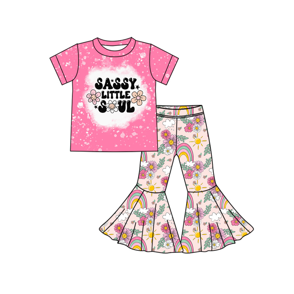 Preorder GSPO1777 sassy little soul Letter flower pink short sleeve rainbow pantsuit