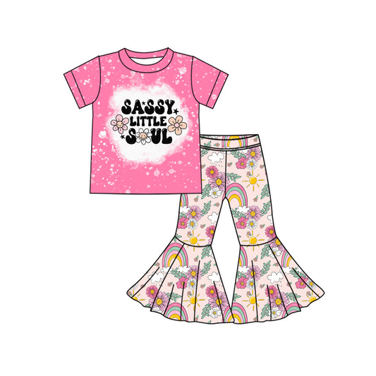 Preorder GSPO1777 sassy little soul Letter flower pink short sleeve rainbow pantsuit