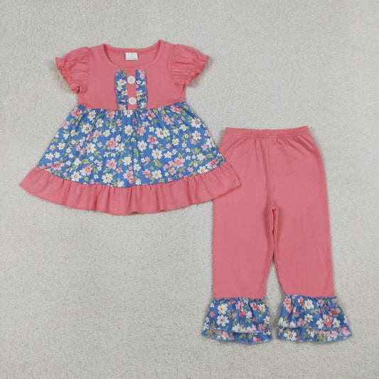 GSPO1814 Flower Pink Ruffle Short Sleeve Pants Girls Sets 202604 RTS