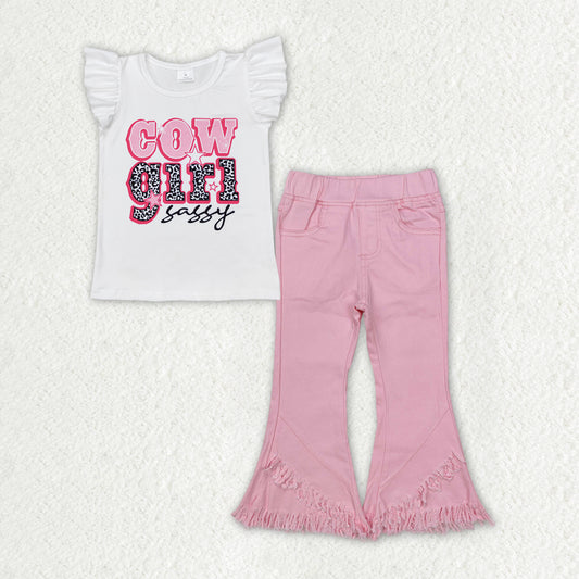 GSPO1817 Valentine's Day Cowgirl White Flying Sleeve Top Pink Denim Pants Girls Sets RTS 202509