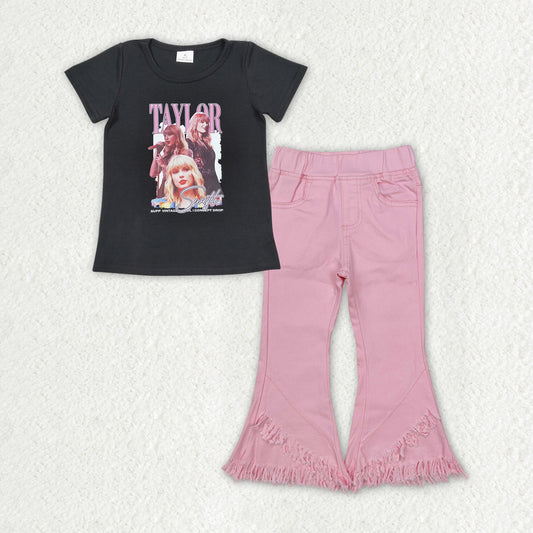 GSPO1818 Valentine's Day Taylor Swift Black Short Sleeve Top Pink Denim Pants Girls Sets RTS 202509
