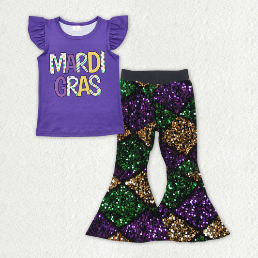 GSPO1831 Mardi Gras Letter Purple Flying Sleeve Plaid Sequin Bell Bottom Pants Girls Sets RTS 202511