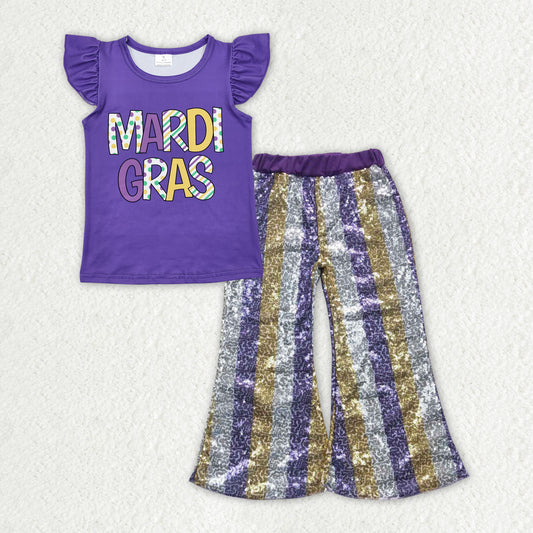 GSPO1832 Mardi Gras Letter Purple Flying Sleeve Stripe Sequin Bell Bottom Pants Girls Sets RTS 202511