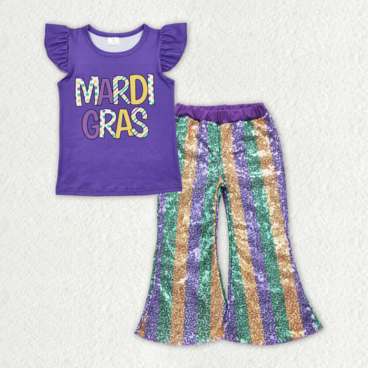 GSPO1833 Mardi Gras Letter Purple Flying Sleeve Stripe Sequin Bell Bottom Pants Girls Sets RTS 202511