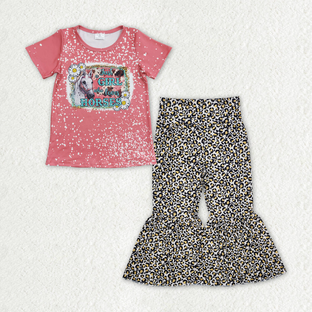 GSPO1839 Horse Flower Leopard Pink Short Sleeve Bell Bottom Pants Girls Sets RTS 202512