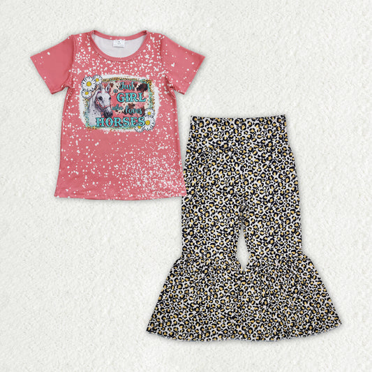 GSPO1839 Horse Flower Leopard Pink Short Sleeve Bell Bottom Pants Girls Sets RTS 202512