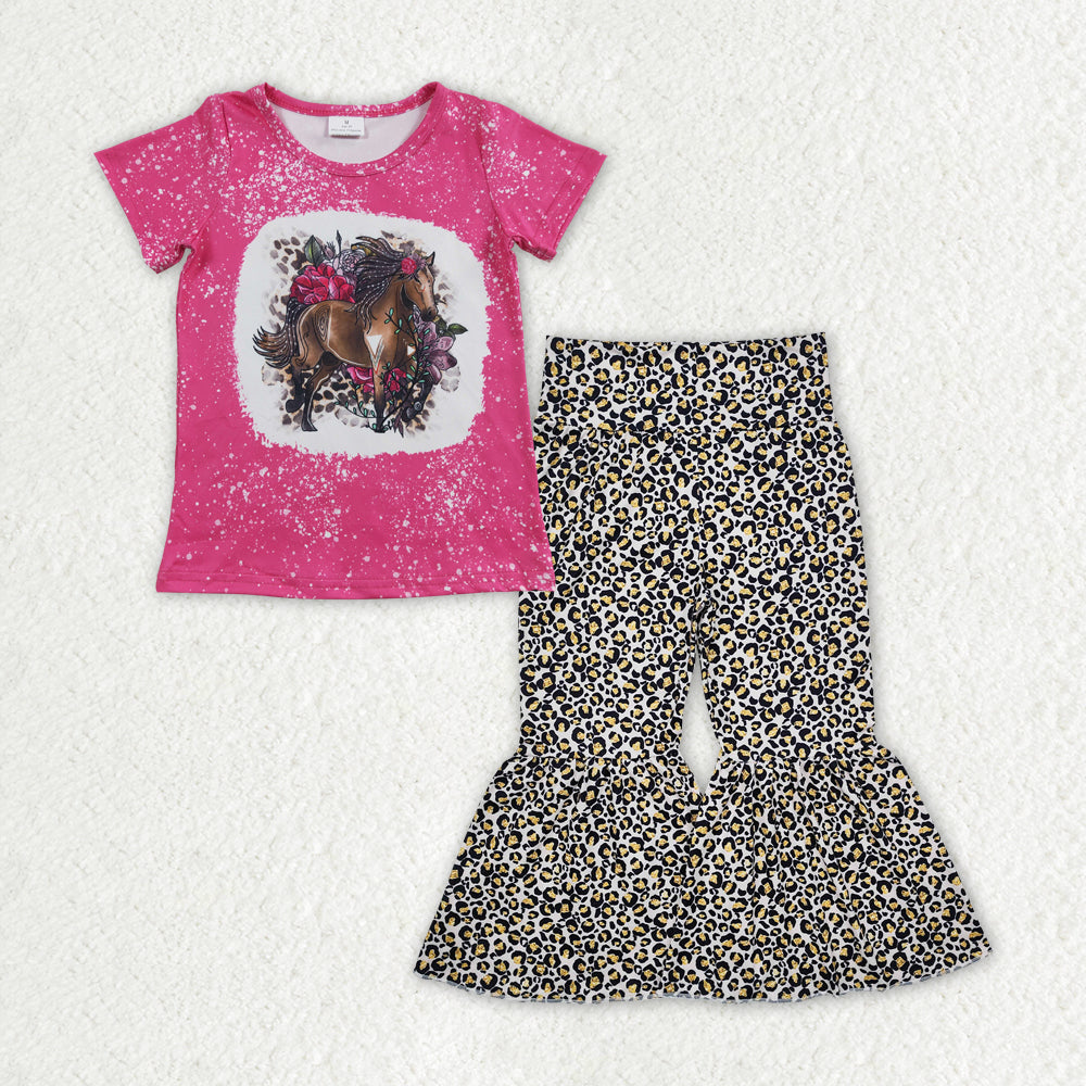 GSPO1840 Horse Flower Leopard Rose Red Short Sleeve Bell Bottom Pants Girls Sets RTS 202512