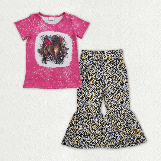 GSPO1840 Horse Flower Leopard Rose Red Short Sleeve Bell Bottom Pants Girls Sets RTS 202512