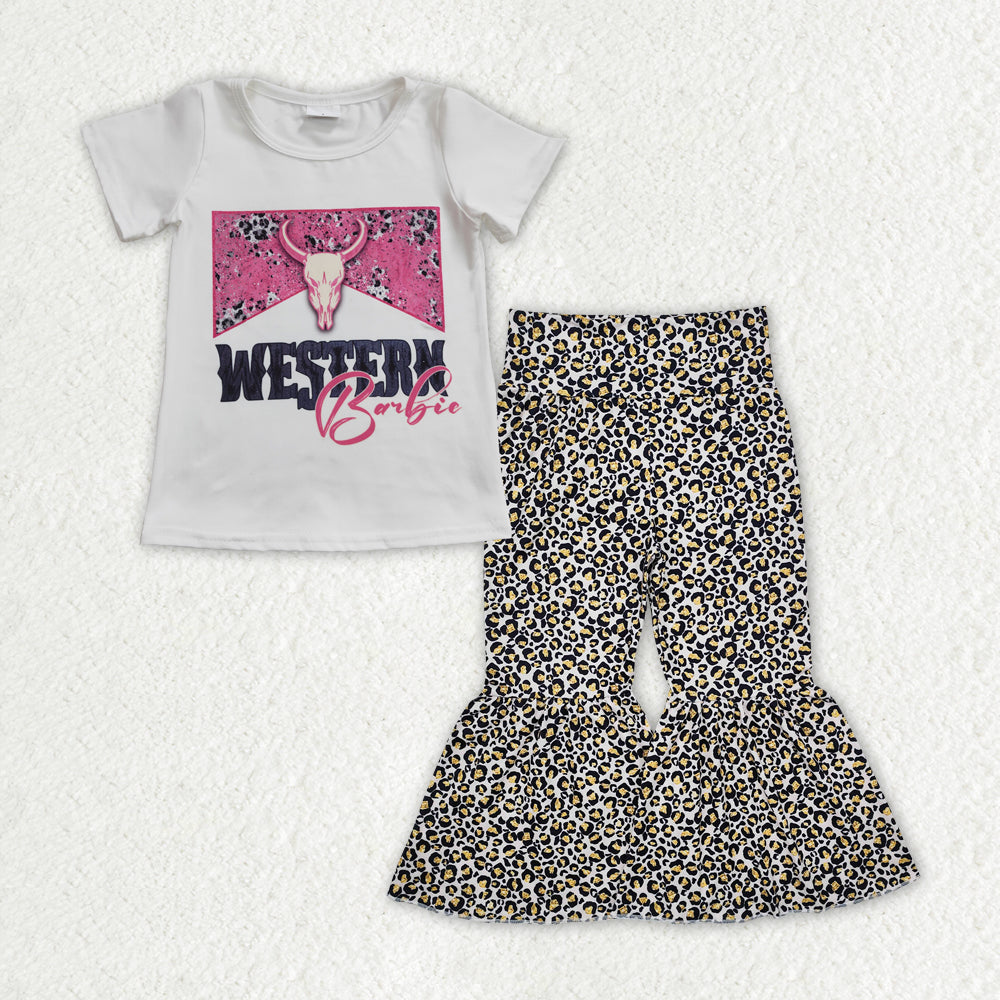 GSPO1842 WESTERN Highland Cow White Short Sleeve Leopard Bell Bottom Pants Girls Sets RTS 202512