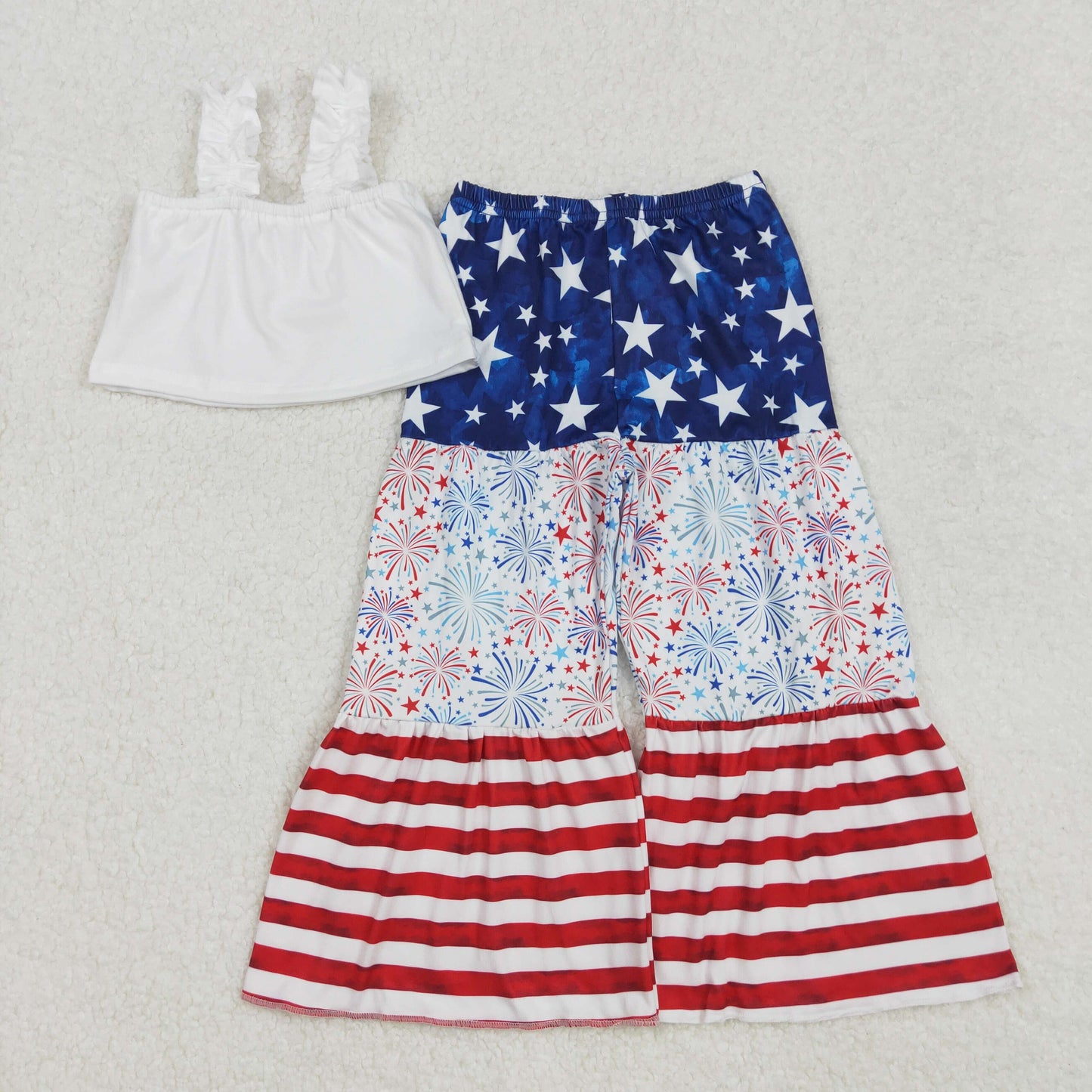 GSPO1959 USA 4th of July White sleeve top Star Striped Fireworks Striped Bell Bottom pants sets Girls Boutique clothes  202502 RTS