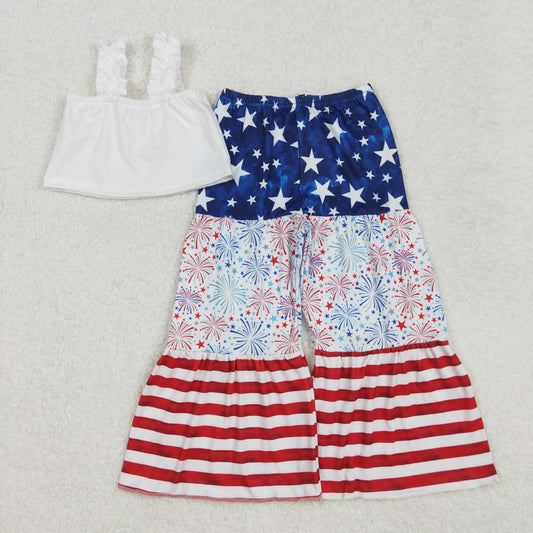 GSPO1959 USA 4th of July White sleeve top Star Striped Fireworks Striped Bell Bottom pants sets Girls Boutique clothes  202502 RTS